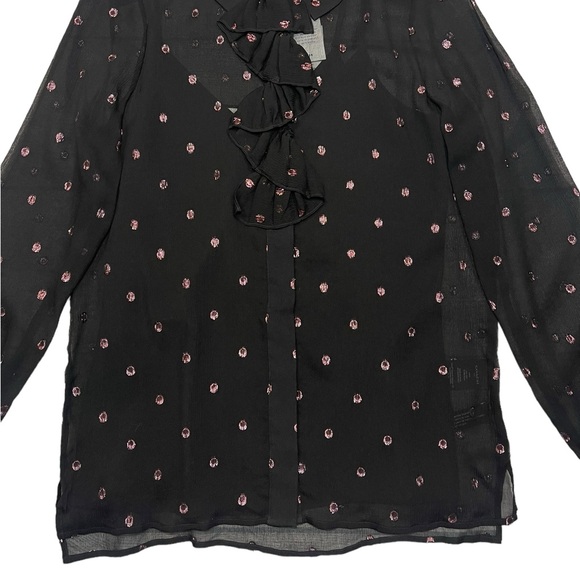 Coach Silk Blouse Black Long Sleeve Sheer Cami Ruffle Front Button Down Top New! - Picture 5 of 15